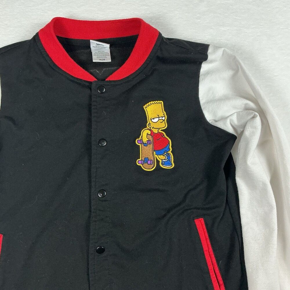 The Simpsons Bart Simpson Varsity Jacket Youth 18/20 Black Snap Red Collar